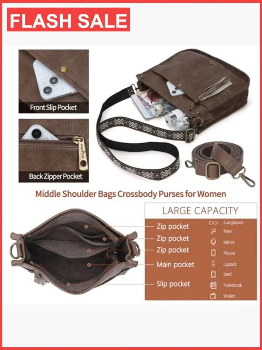 Trendy Vegan Leather Hobo Crossbody Bag with Guitar Strap